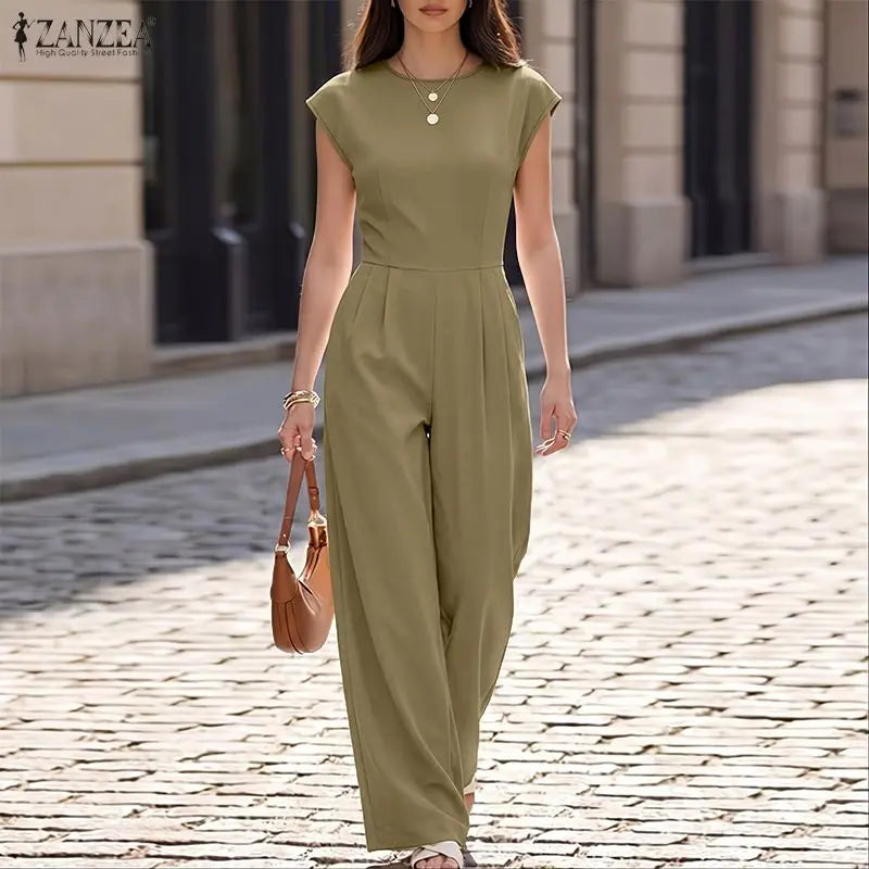 ZANZEA 2026 Summer Rompers Fashion Women Jumpsuits O Neck Short Sleeve Playsuit Elegant Solid Wide Leg OL Work Overalls Trousers