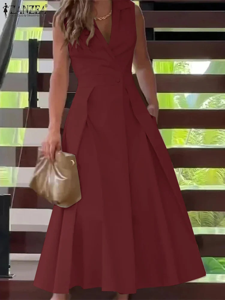 ZANZEA Commute Fashion Midi Dress Summer Lapel Neck Elegant Cinched Waist Pleated Dresses Women Soild Color A-line Vestidos