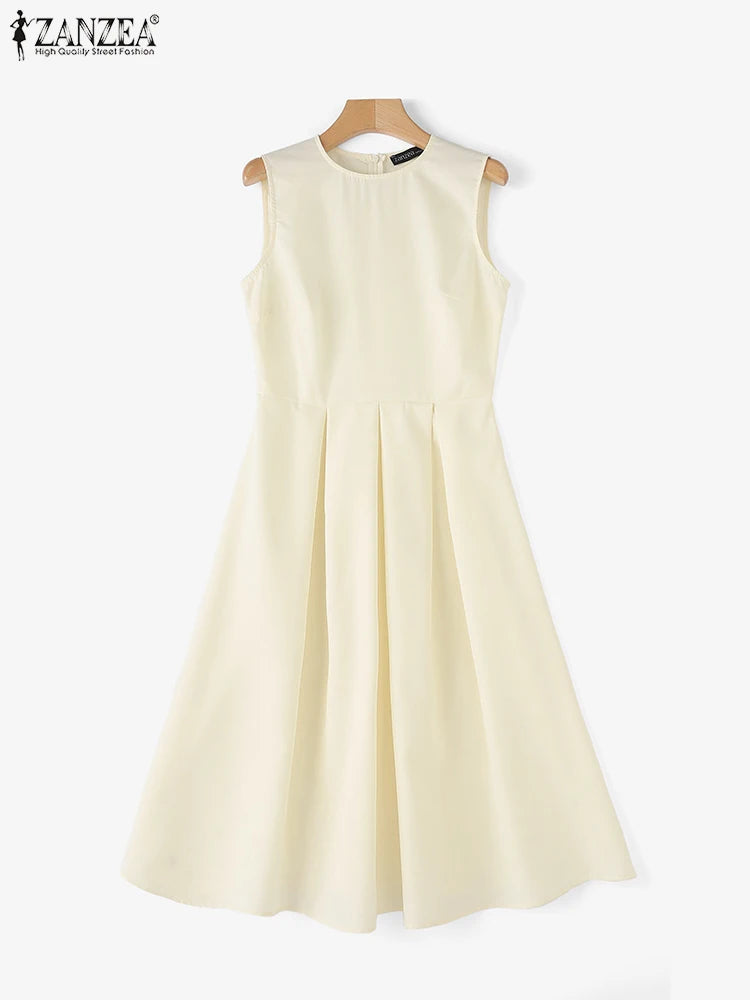 ZANZEA Women Sleeveless Pleated Dress 2025 Summer Korean A-line Tank Evening Dress Elegant Swing Vestido Vintage Party Long Robe