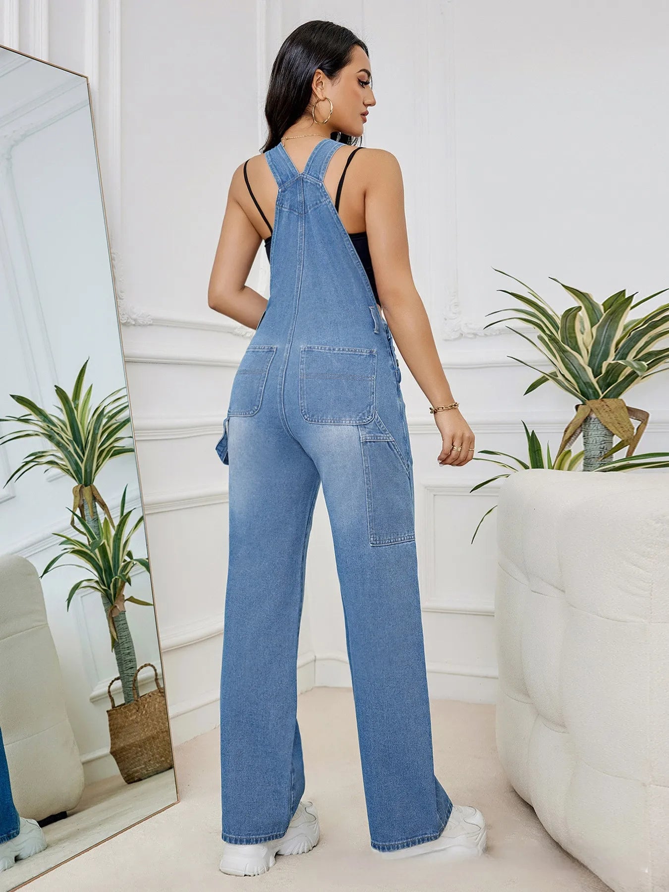 Sleeveless Adjustable Strap Baggy Denim Bib Overall with Cargo Pockets