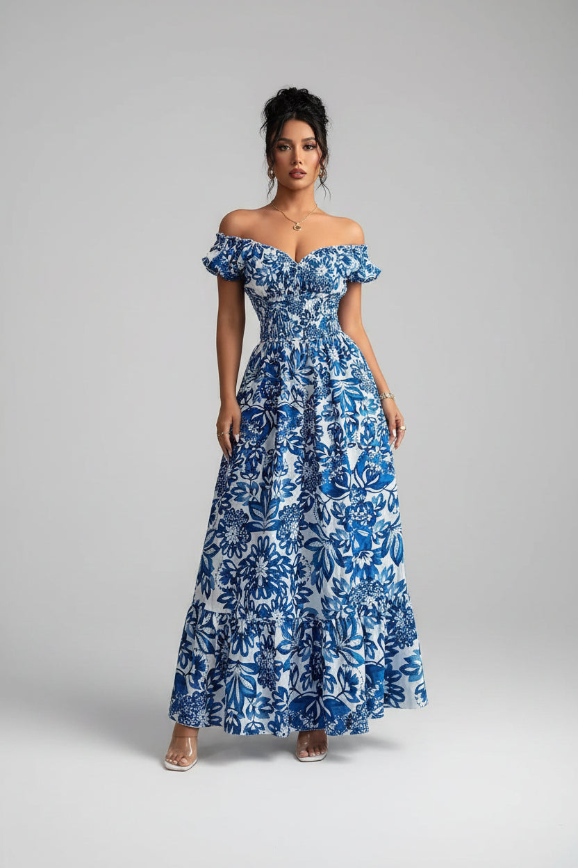 Floral Puff Sleeve Open Back Shirred Maxi Dress