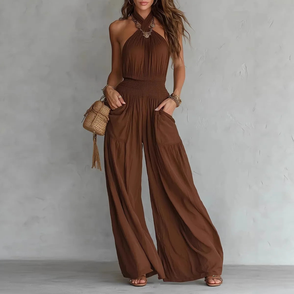 Halter Neck Backless Loose Wide-Leg Jumpsuit with Pockets