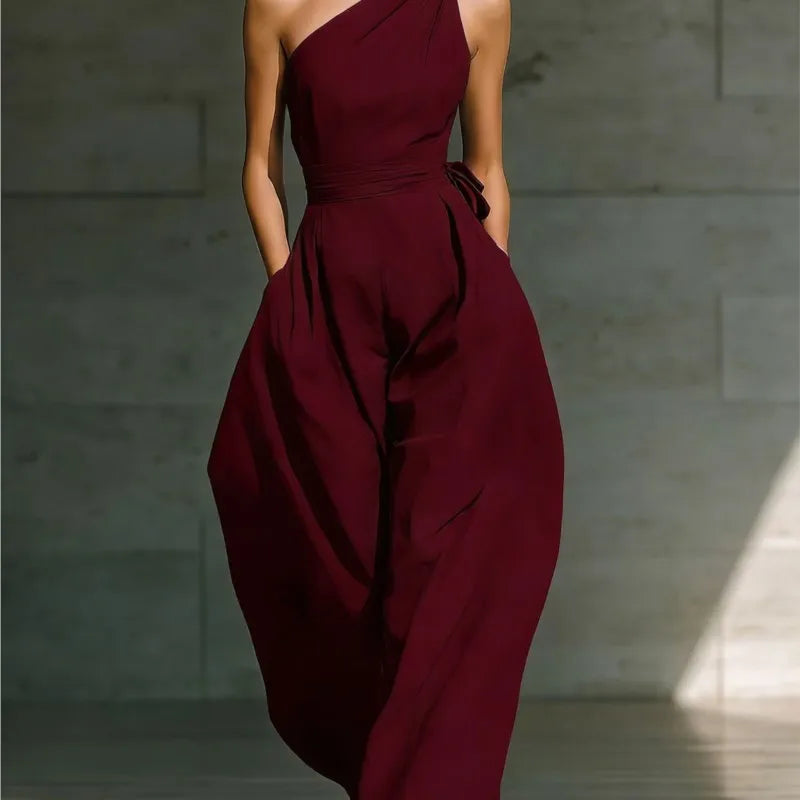 One-Shoulder Draped Lace-Up Wide-Leg Jumpsuit