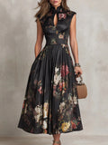 2026 Spring New Women's Sleeveless Black Digital Print Long Skirt Three-dimensional Flower Slim Dress for Women