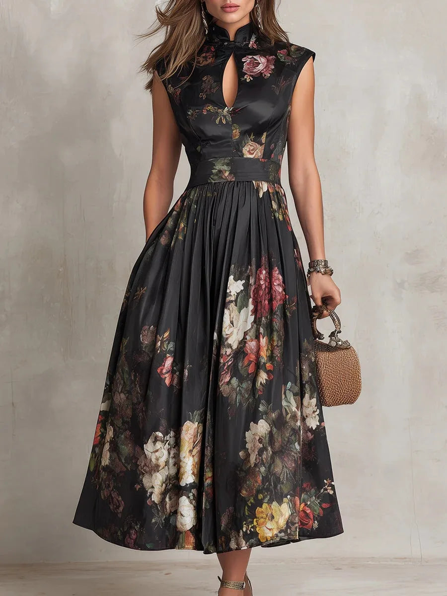 2026 Spring New Women's Sleeveless Black Digital Print Long Skirt Three-dimensional Flower Slim Dress for Women