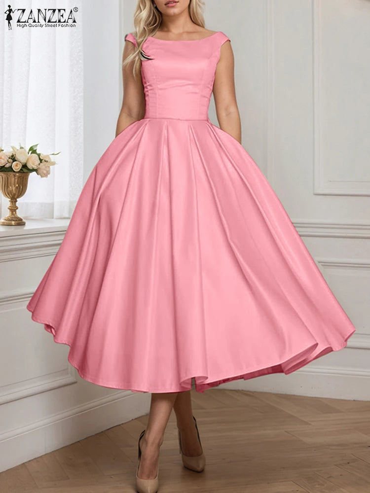 Inverted Pleat Boatneck Satin Midi Dress