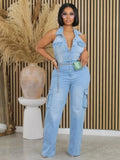Sleeveless Backless Denim Cargo Straight-Leg Jumpsuit