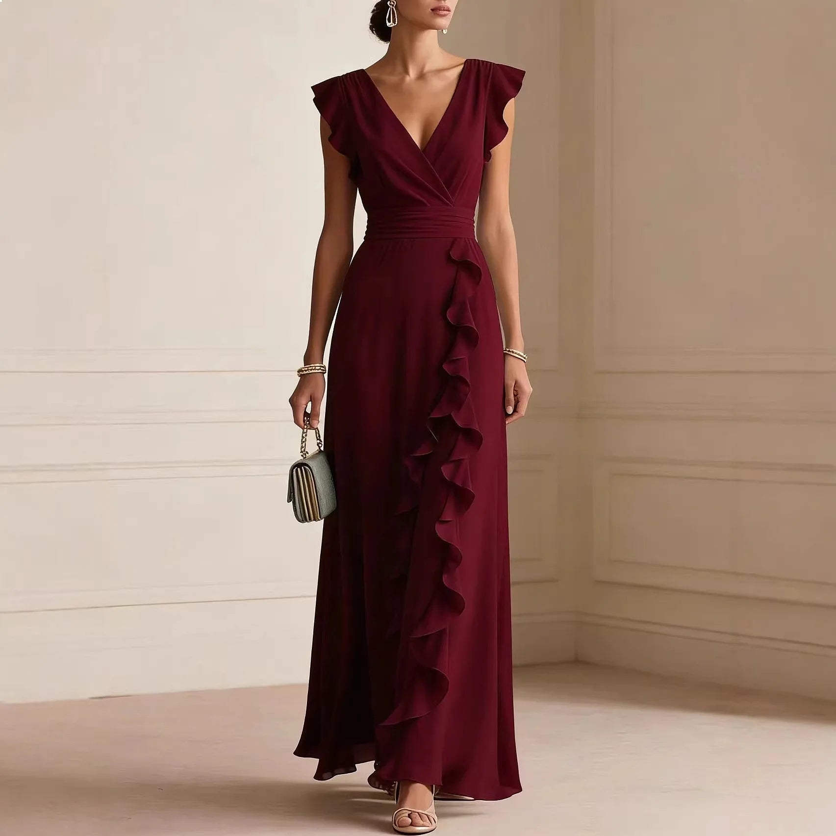 V-Neck Pleated Short Sleeve Solid Maxi Dress