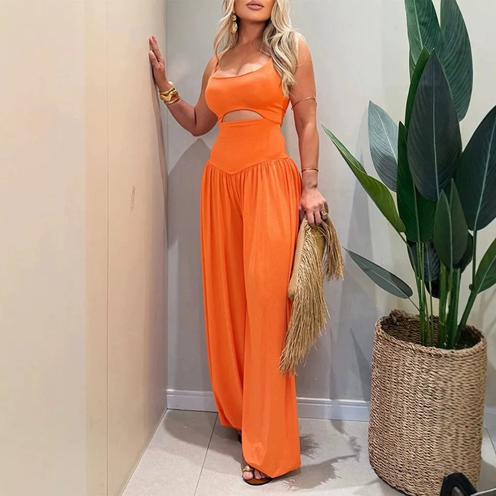 Cami Hollow-Out Waist Backless Tie-Back Slim Wide-Leg Jumpsuit