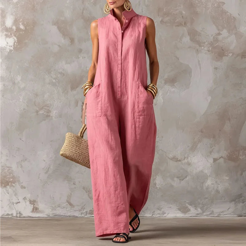 Sleeveless Stand Neck Loose Straight-Leg Maxi Jumpsuit with Pockets