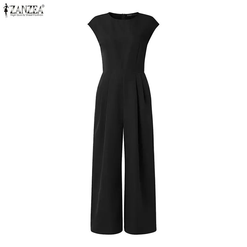 ZANZEA 2026 Summer Rompers Fashion Women Jumpsuits O Neck Short Sleeve Playsuit Elegant Solid Wide Leg OL Work Overalls Trousers