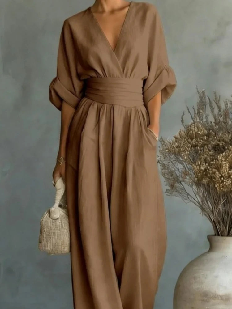 New Women's Jumpsuit Fashion High Waist V-neck Jumpsuits Solid Color Casual Office Wide Leg Trousers Overalls Vacation Outfit
