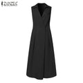 ZANZEA Commute Fashion Midi Dress Summer Lapel Neck Elegant Cinched Waist Pleated Dresses Women Soild Color A-line Vestidos