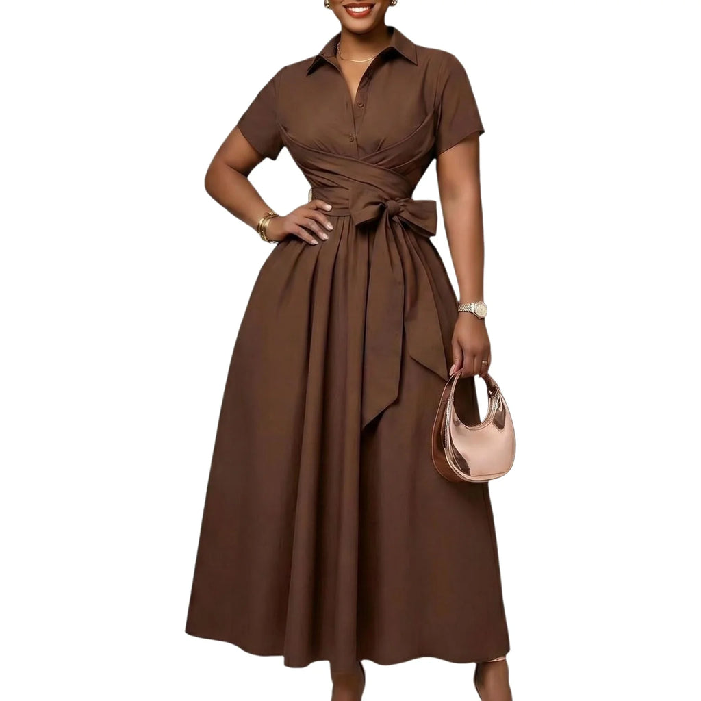 C8662 Women's Summer 2026 New Style Pure Color Belted Short Sleeve Turn-down Collar Dress Elegant Fashion High Waist Midi Dress