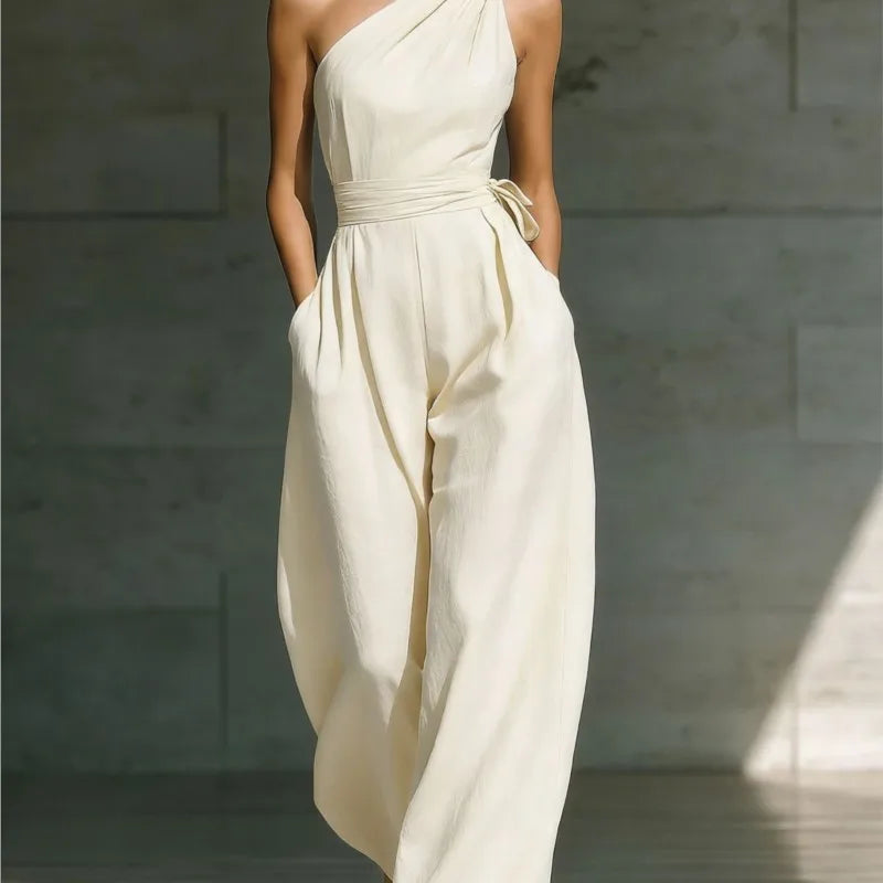 One-Shoulder Draped Lace-Up Wide-Leg Jumpsuit