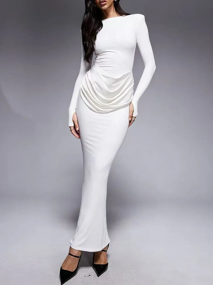 O-Neck Long Sleeve Ruffle Bodycon Maxi Dress – High Waist