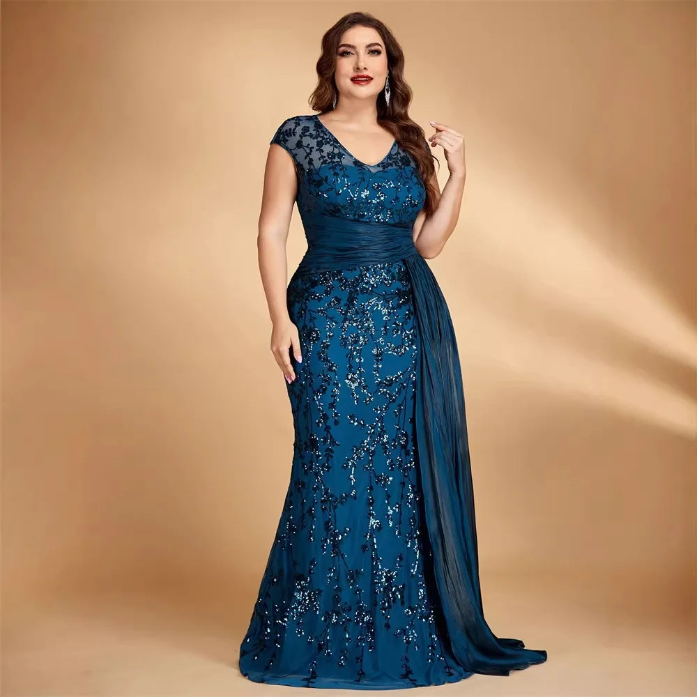 Elegant Beaded V-Neck Sleeveless Evening Dress Midi Skirt for Women Knitted Fabric Glitzy Sequin Party Ball Gown Mom Size