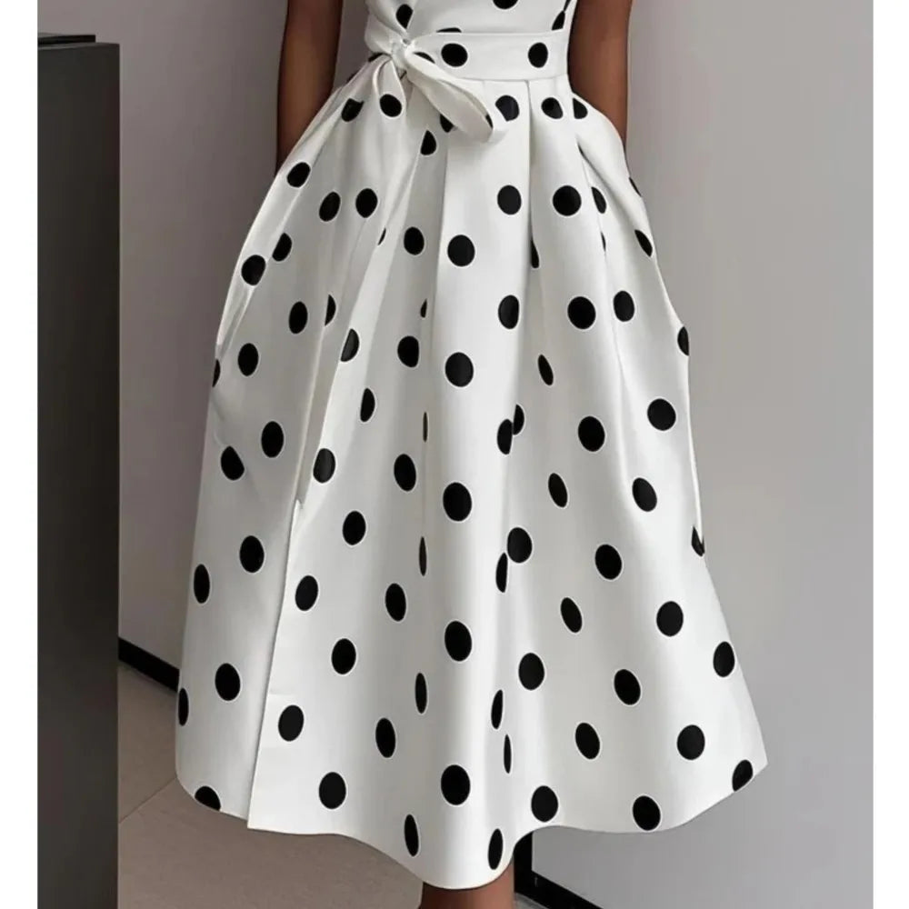 French Polka Dot Dress Summer Women's Fashion Retro Sexy V-neck Sleeveless Waist Tie Bow Long Dress Vestidos De Fiesta Elegantes