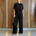 Summer High Waisted Pleated Long Pants Jumpsuit New 2026 Elegant Holiday Romper Casual O Neck Short Sleeved Commuting Playsuit