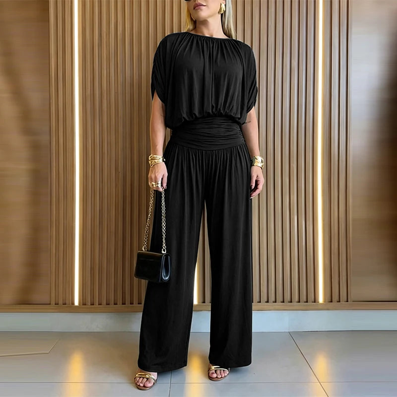 Summer High Waisted Pleated Long Pants Jumpsuit New 2026 Elegant Holiday Romper Casual O Neck Short Sleeved Commuting Playsuit