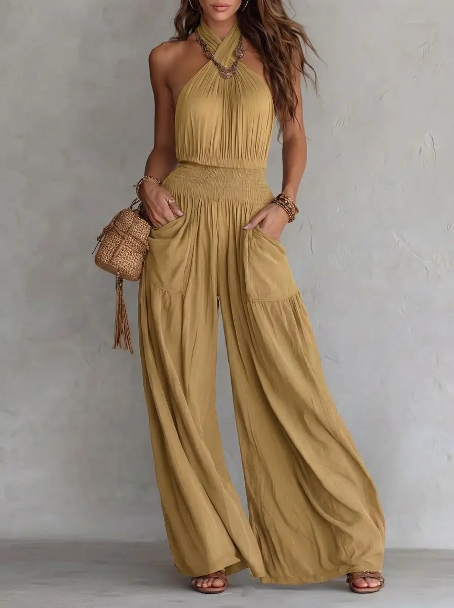 Halter Neck Backless Loose Wide-Leg Jumpsuit with Pockets
