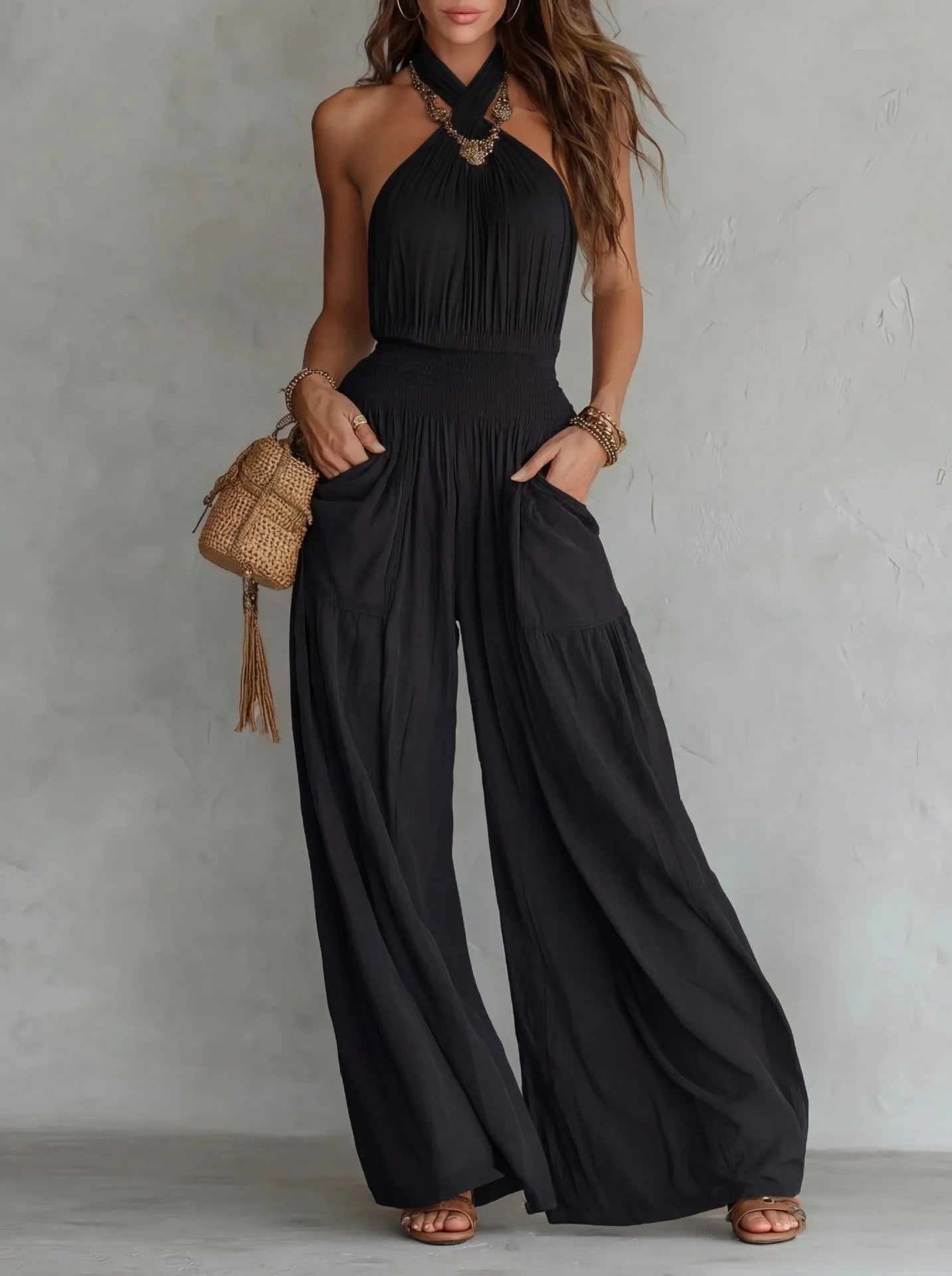 Halter Neck Backless Loose Wide-Leg Jumpsuit with Pockets