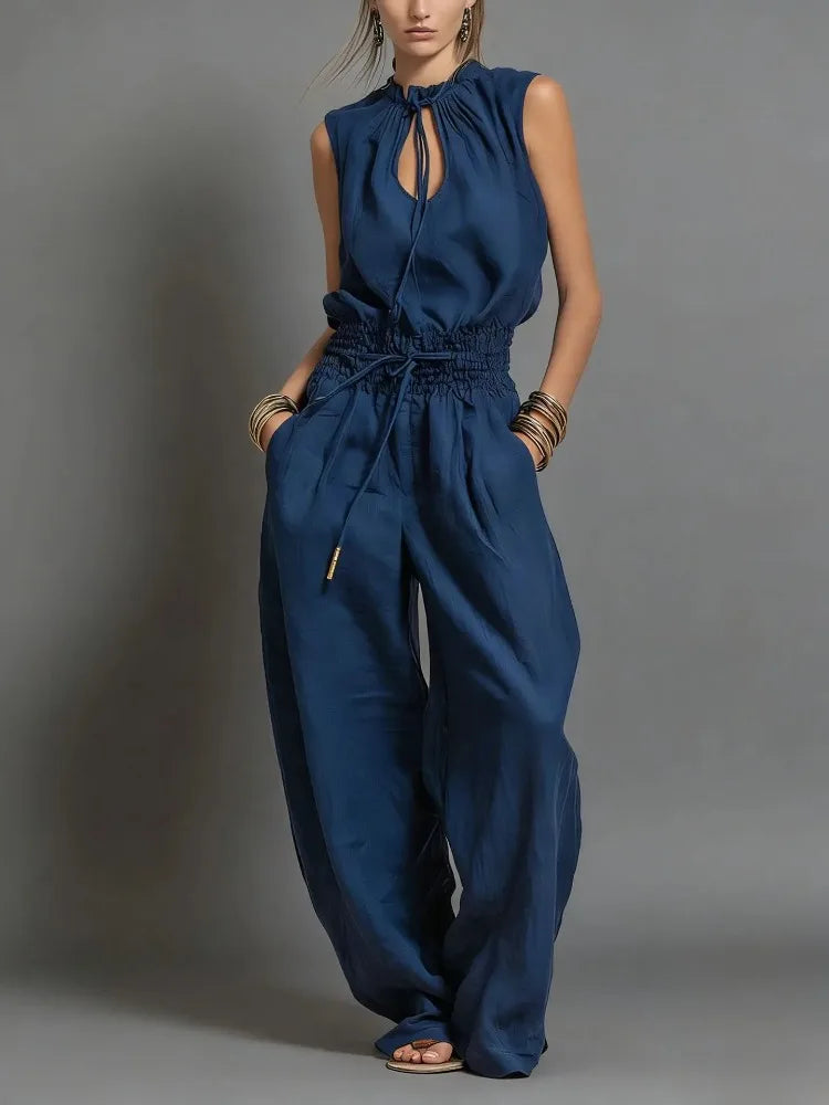 Sleeveless Hollow Lace-Up Waist Wide-Leg Jumpsuit