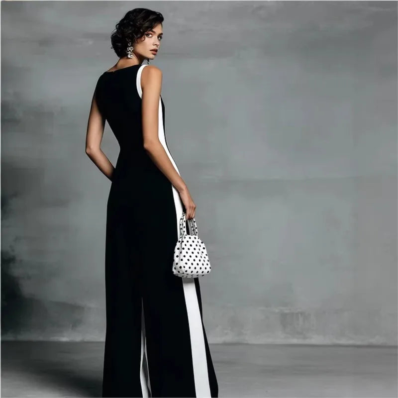 Sexy Deep V Neck Straps Wide Leg Jumpsuit Summer Sleeveless Color Block Patchwork Jumpsuits Elegant Casual Back Zipper Romper