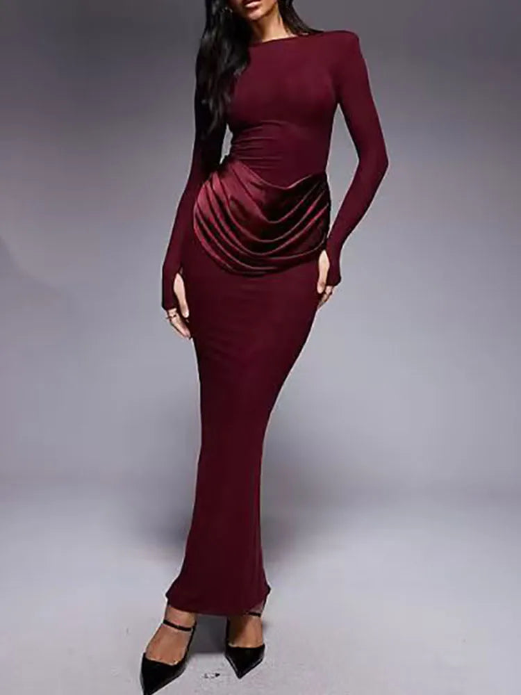 O-Neck Long Sleeve Ruffle Bodycon Maxi Dress – High Waist