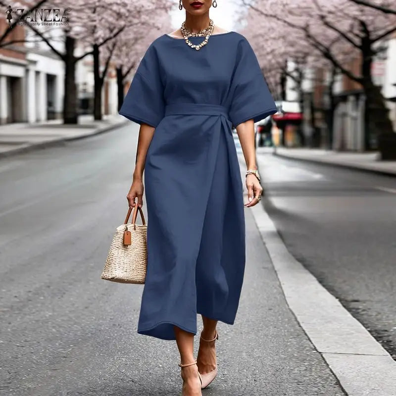 ZANZEA Women Dresses Trend 2026 Summer Elegant Slash Neck Half Sleeve Sudress Stylish Solid Work Dress A Line Belted Midi Robe