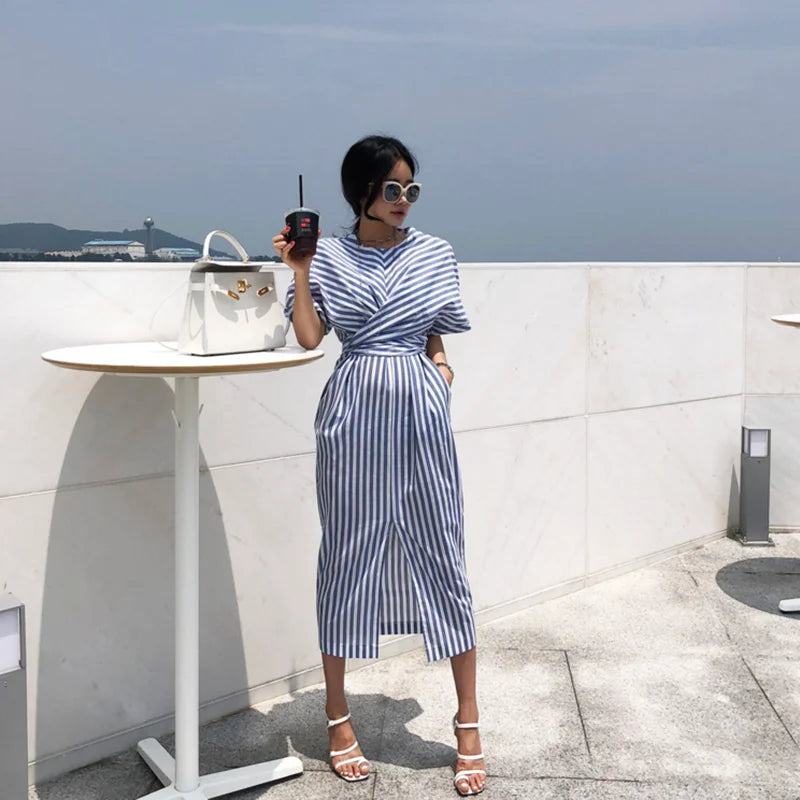 Summer Cotton Striped Pocket Split Long Dress For Woman Casual Office Lady Dresses Fashion Women's Clothing Robe Femme