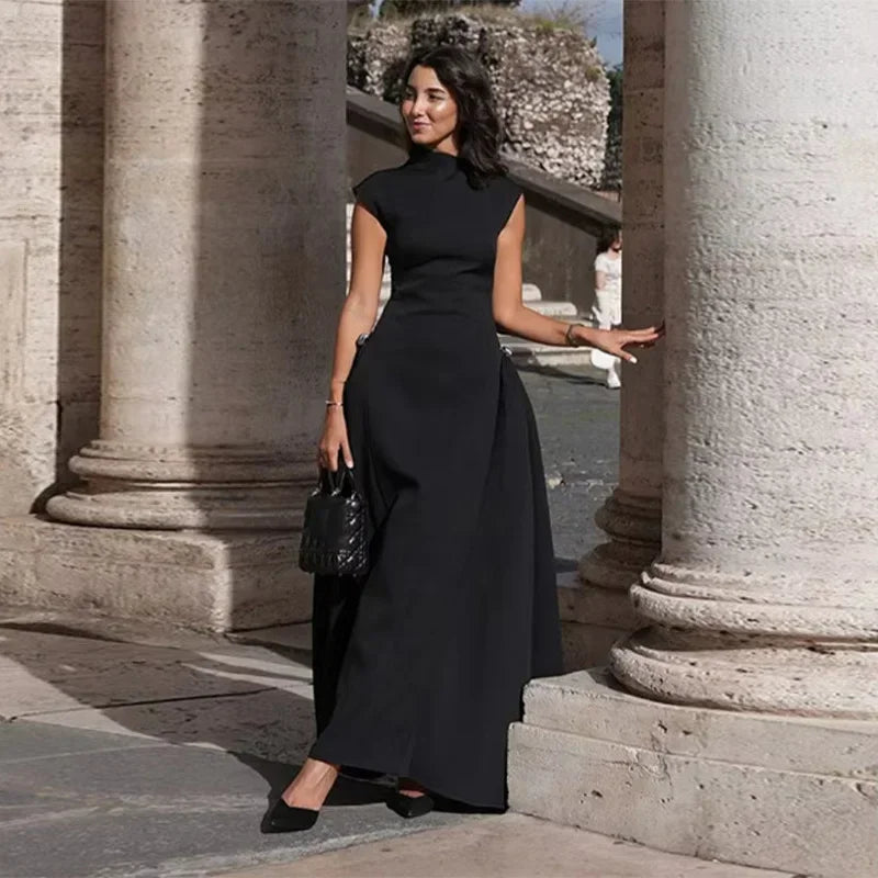 Asymmetric Neck Sleeveless Pleated Empire Waist A-Line Maxi Dress