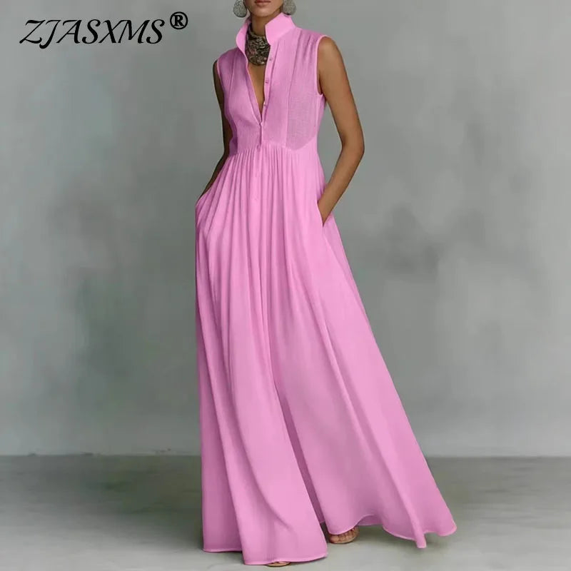 Bohemian Stand Collar Button Maxi Shirt Dress Woman Elegant High Waist Solid Party Dress Spring Summer Sleeveless Casual Dresses