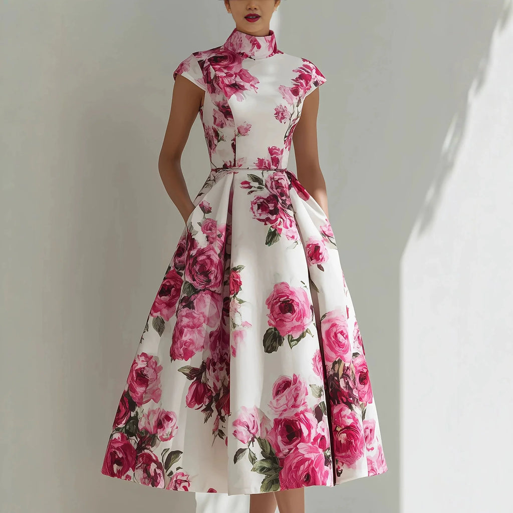 Women's Floral Print High Neck Midi Dress Cap Sleeve A-Line Flared Elegant Cocktail Party Evening Dress with Pockets