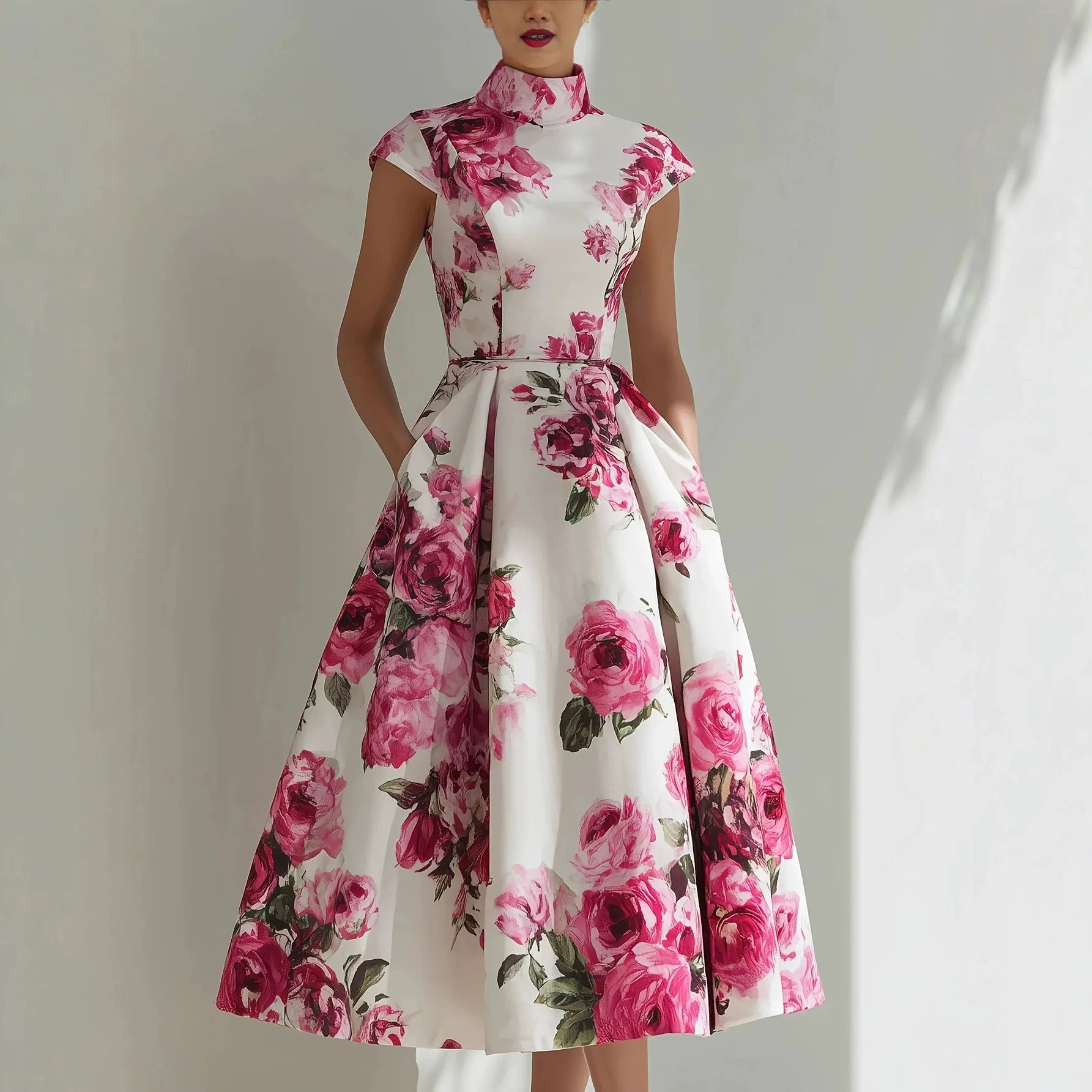 Women's Floral Print High Neck Midi Dress Cap Sleeve A-Line Flared Elegant Cocktail Party Evening Dress with Pockets