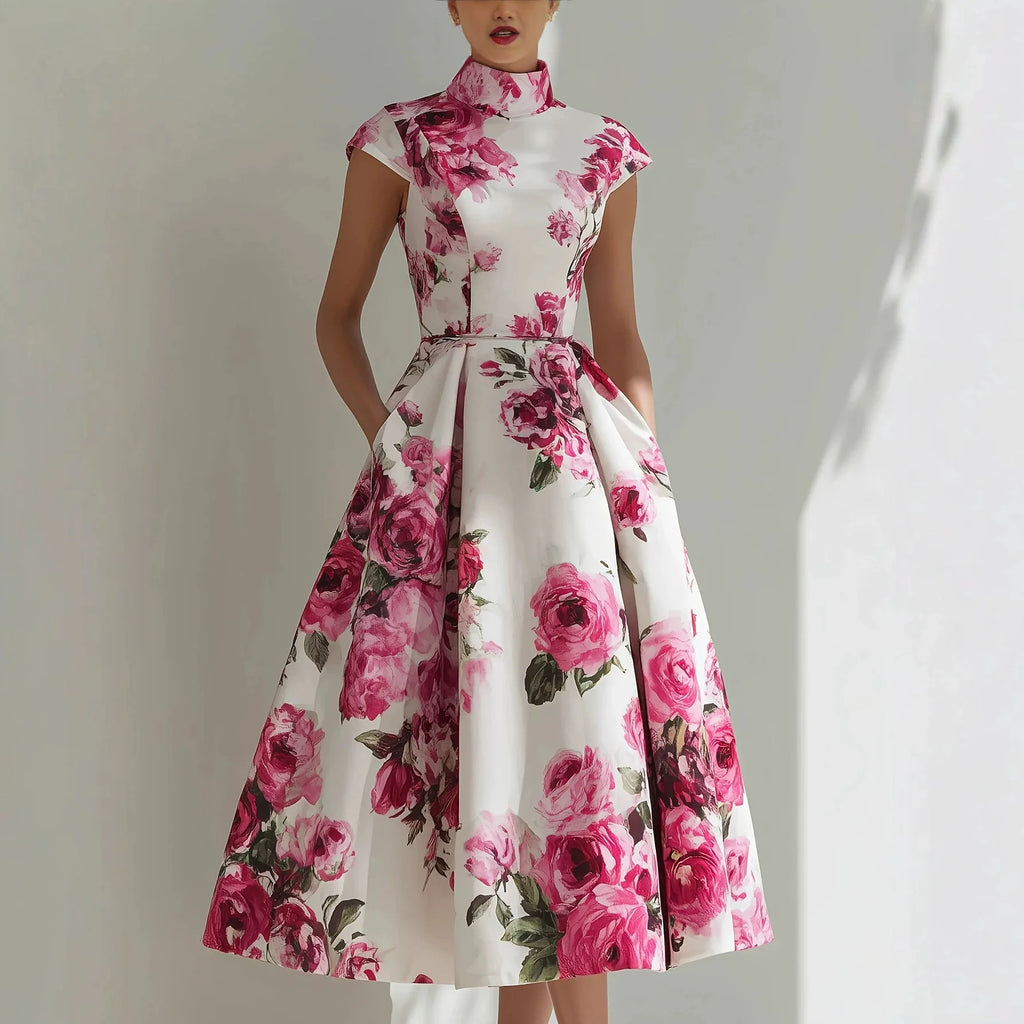Women's Floral Print High Neck Midi Dress Cap Sleeve A-Line Flared Elegant Cocktail Party Evening Dress with Pockets