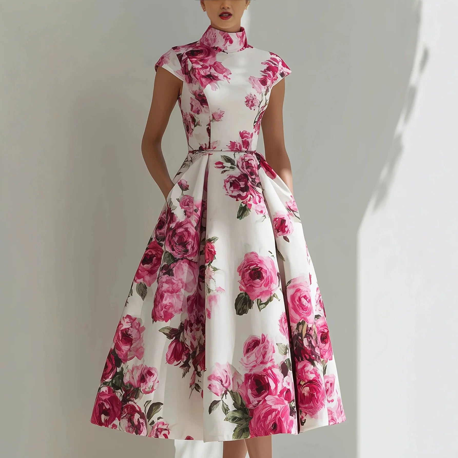 Women's Floral Print High Neck Midi Dress Cap Sleeve A-Line Flared Elegant Cocktail Party Evening Dress with Pockets