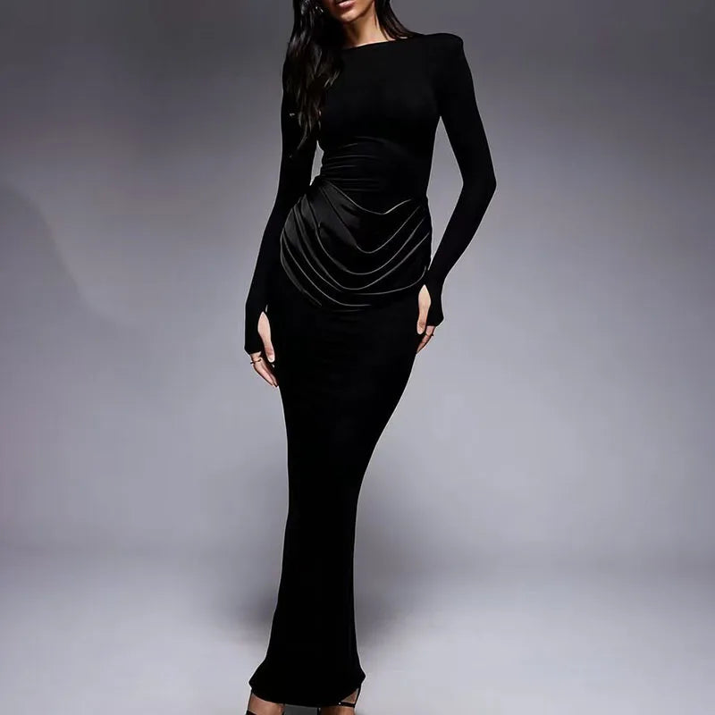O-Neck Long Sleeve Ruffle Bodycon Maxi Dress – High Waist