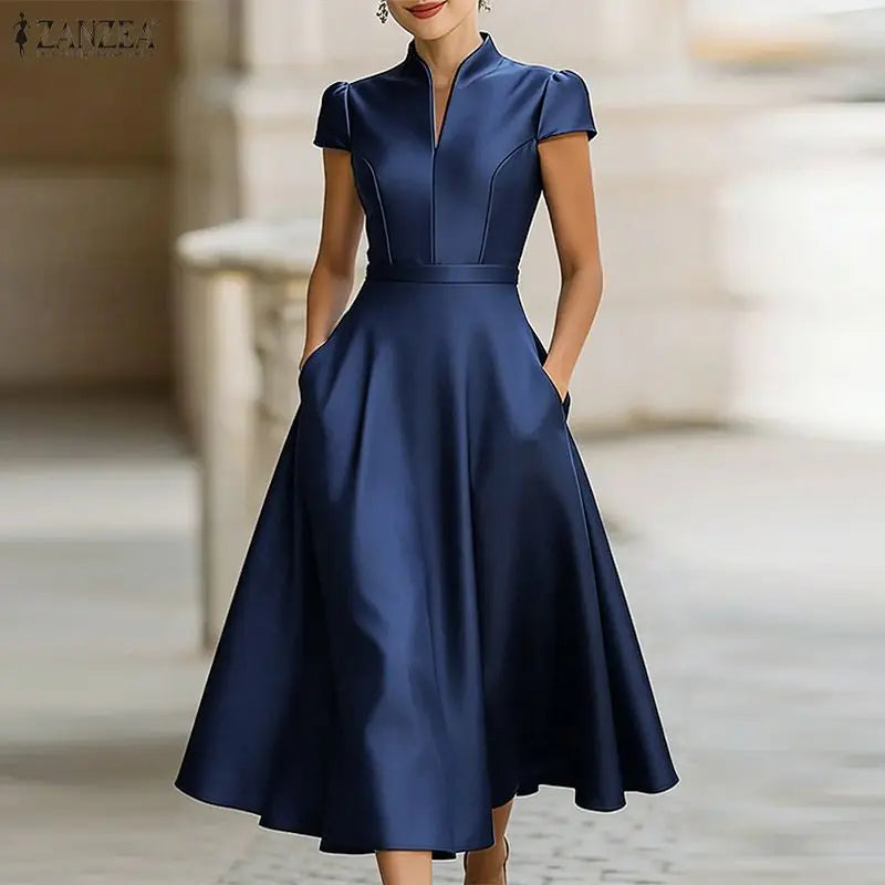 ZANZEA Women Silky Satin Midi Dress V-Neck Short Sleeve Cinch Waist A-Line Dresses Minimalist Commute Party Vestidos de Mujer