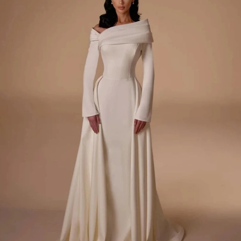 Off-Shoulder Jersey Pleated A-Line Prom Gown