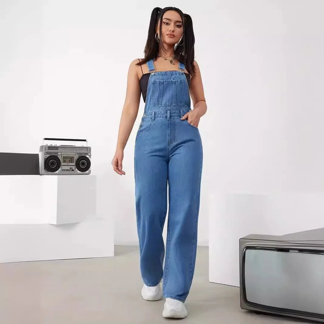 Sleeveless Adjustable Strap Baggy Denim Bib Overall with Cargo Pockets