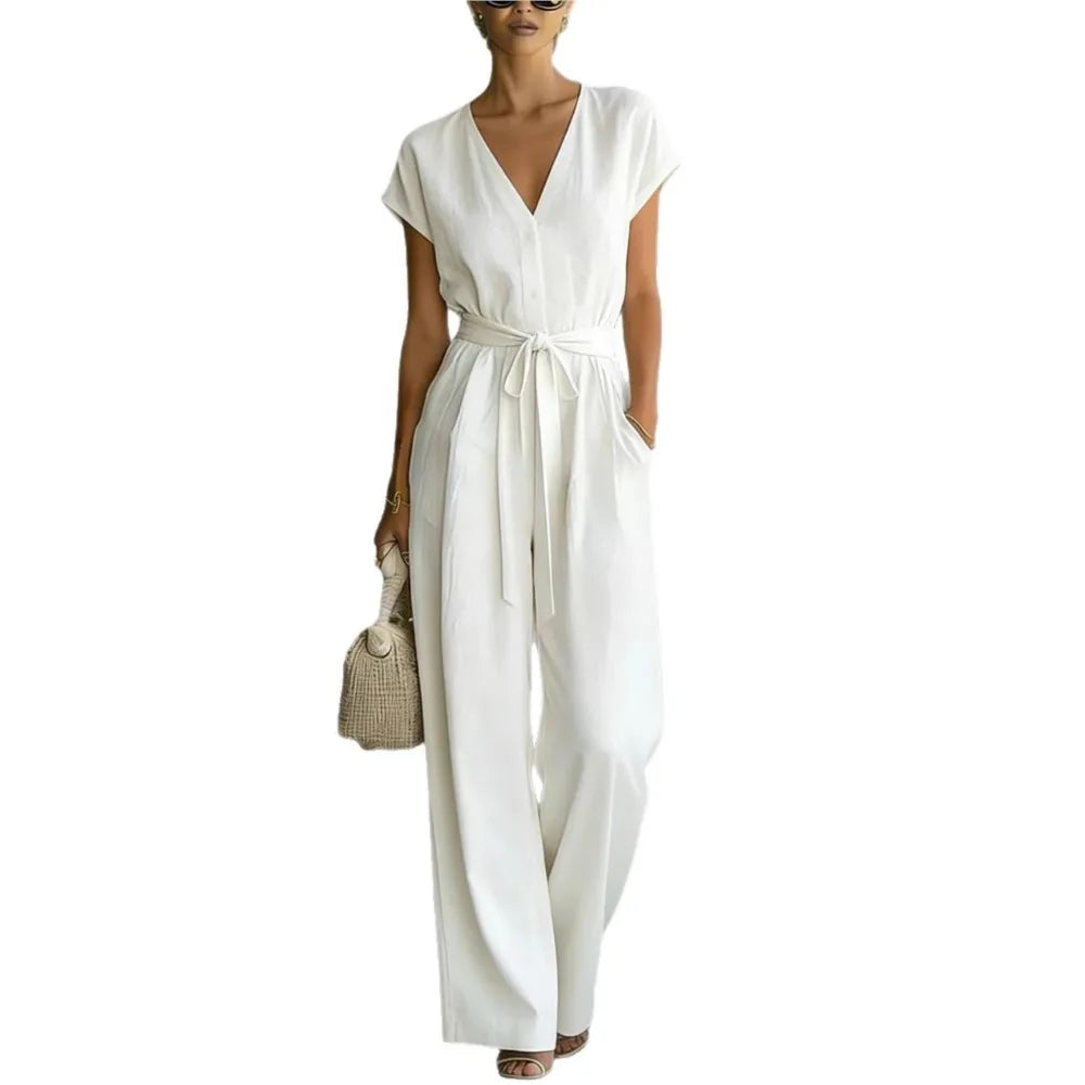 Women's White High Waist Wide Leg Jumpsuit Summer V Neck Button Short Sleeve Simple Commute Playsuits Fashion Lace Up Jumpsuits
