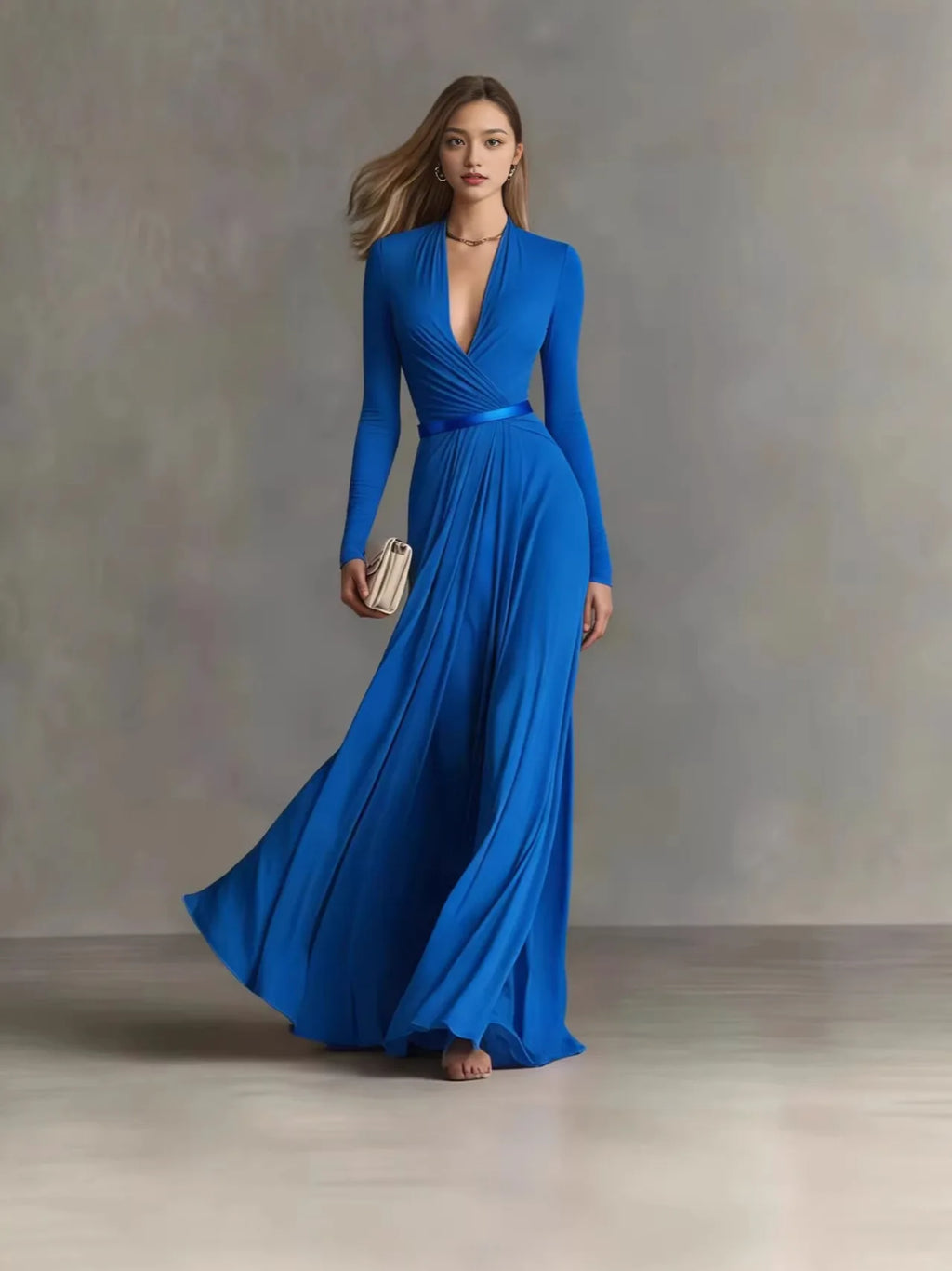 Deep-V Long Sleeve Ruched Waist Maxi Gown
