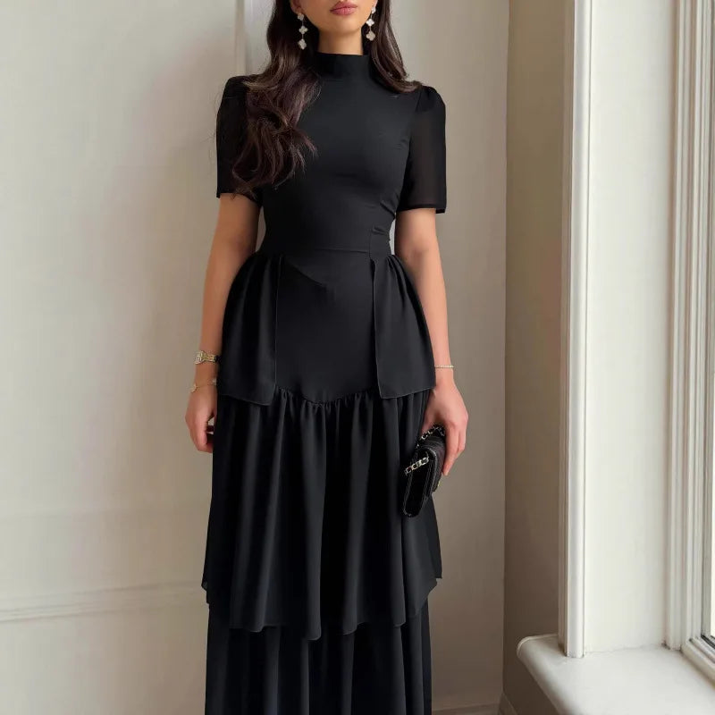 Tiered Pleated Round-Neck Midi Dress
