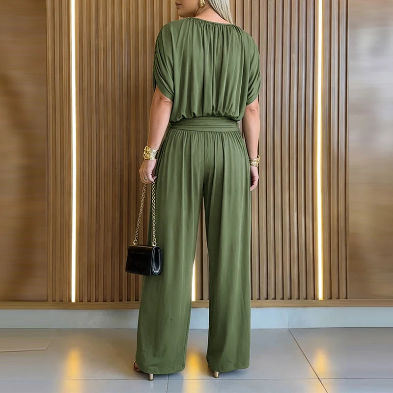 Summer High Waisted Pleated Long Pants Jumpsuit New 2026 Elegant Holiday Romper Casual O Neck Short Sleeved Commuting Playsuit
