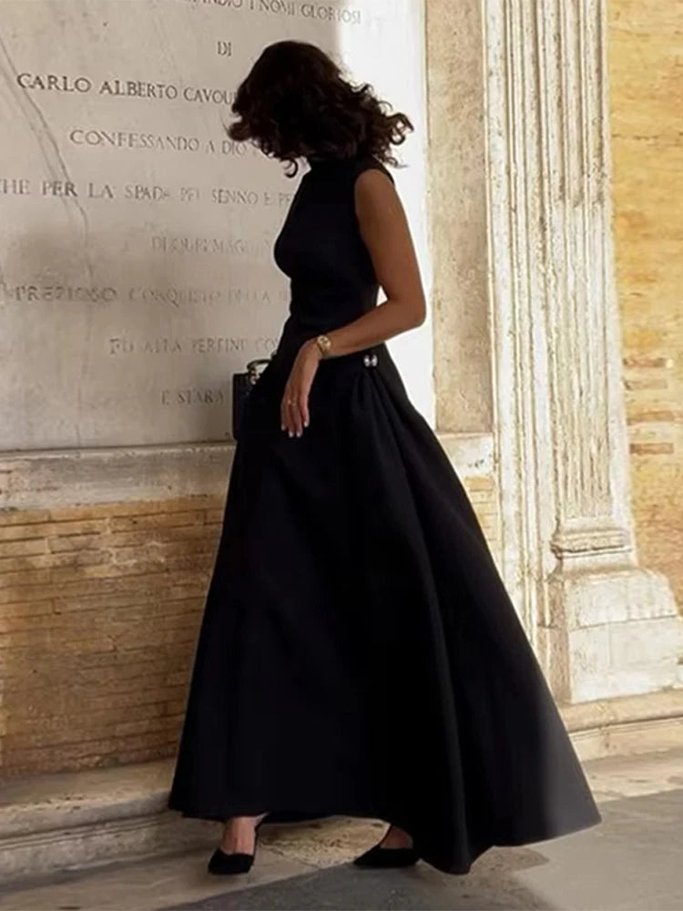 Elegant Black Long Dress Women Fashion High Collor Sleeveless Pleat Irregular Dresses 2025 Spring Summer Party Lady Evening Robe