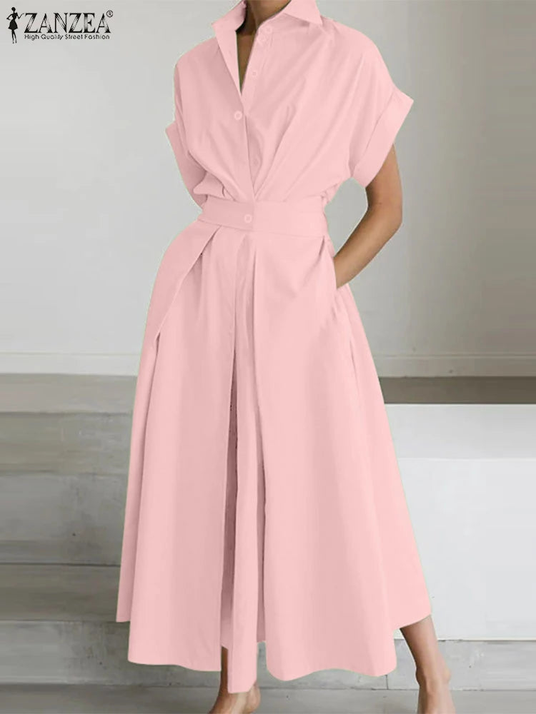 ZANZEA Fashion Women Collared Shirtdress Elegant Short Sleeve Elastic Wasit A-Line Maxi Dresses Summer Casual Robes Streetwear