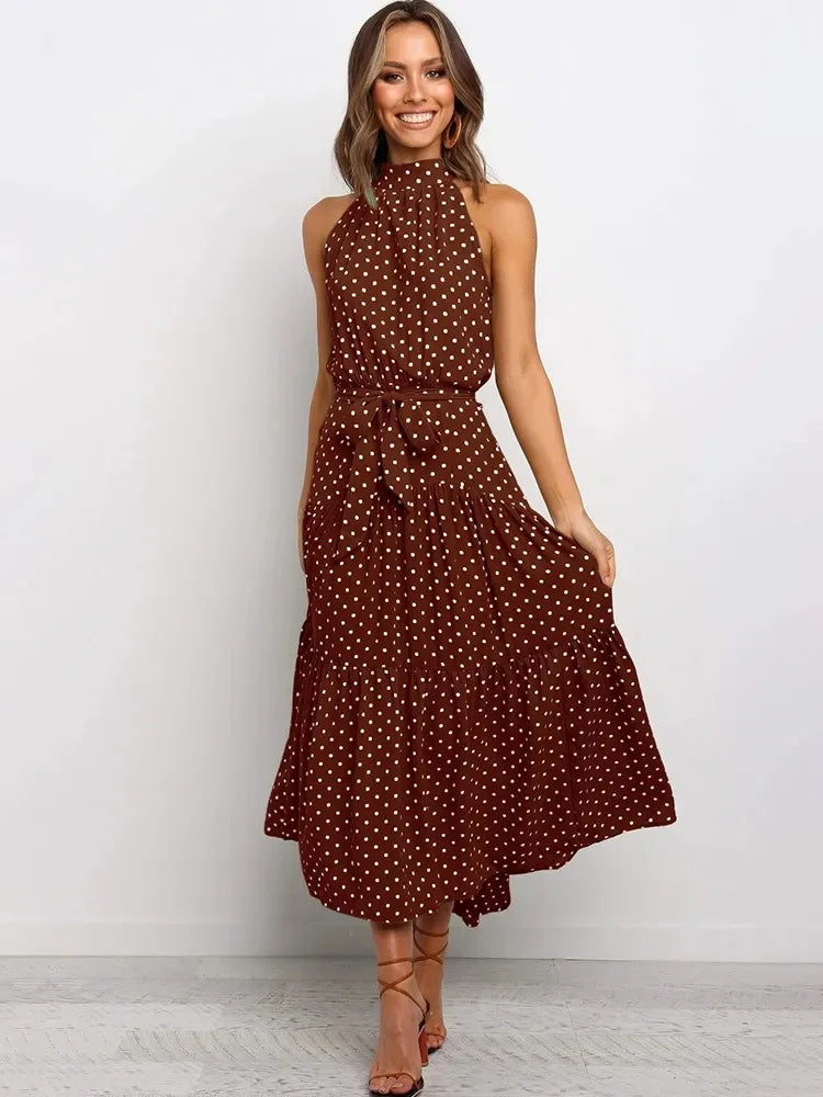 Printed Halter Neck Lace-Up Maxi Dress
