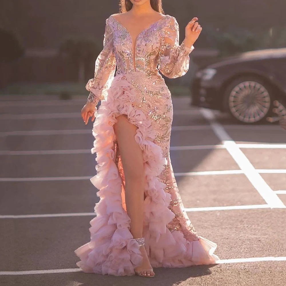 Sequin Appliqué Deep V-Neck Fishtail Gown