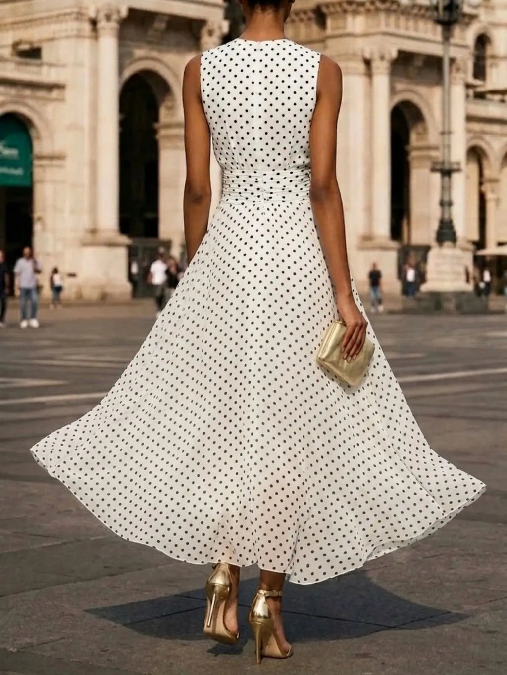 Sleeveless Polka Dot Maxi Dress Women Elegant Flowy Evening Gown